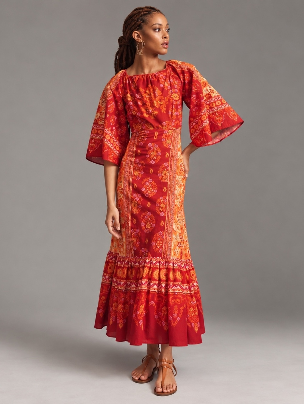 Farm Rio Orange Combuco Cutout Maxi Dress Bell Sleeve Boho Medium